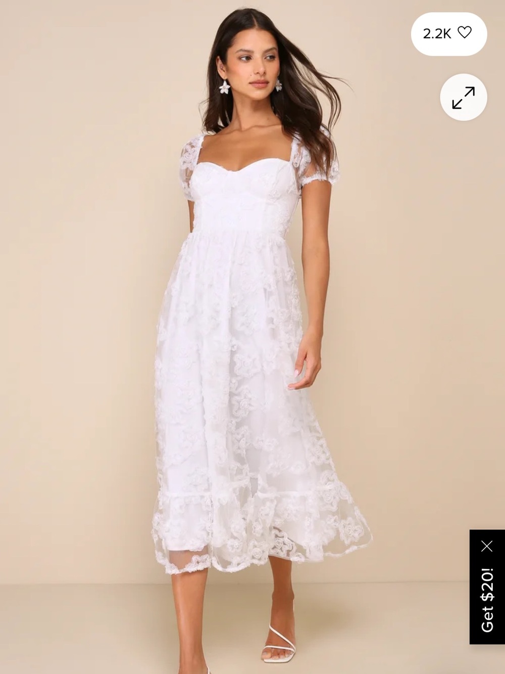 Lulu's White Lace Midi Dress with Puff Cap Sleeves